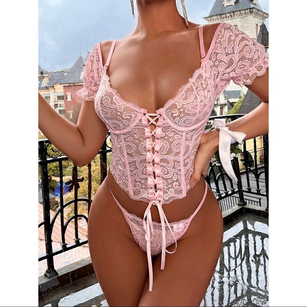 Sexy Sheer Floral Lace Up Lingerie Set